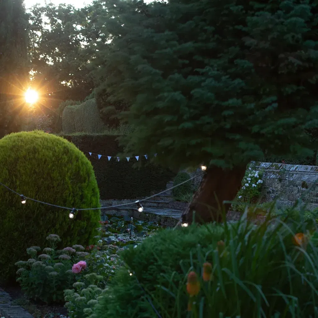 Festoon lighting as evening falls
