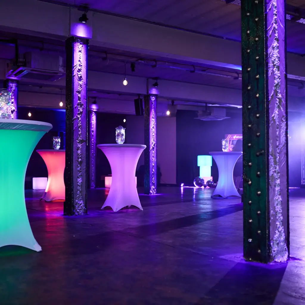 Warehouse venue with pops of 80s colour